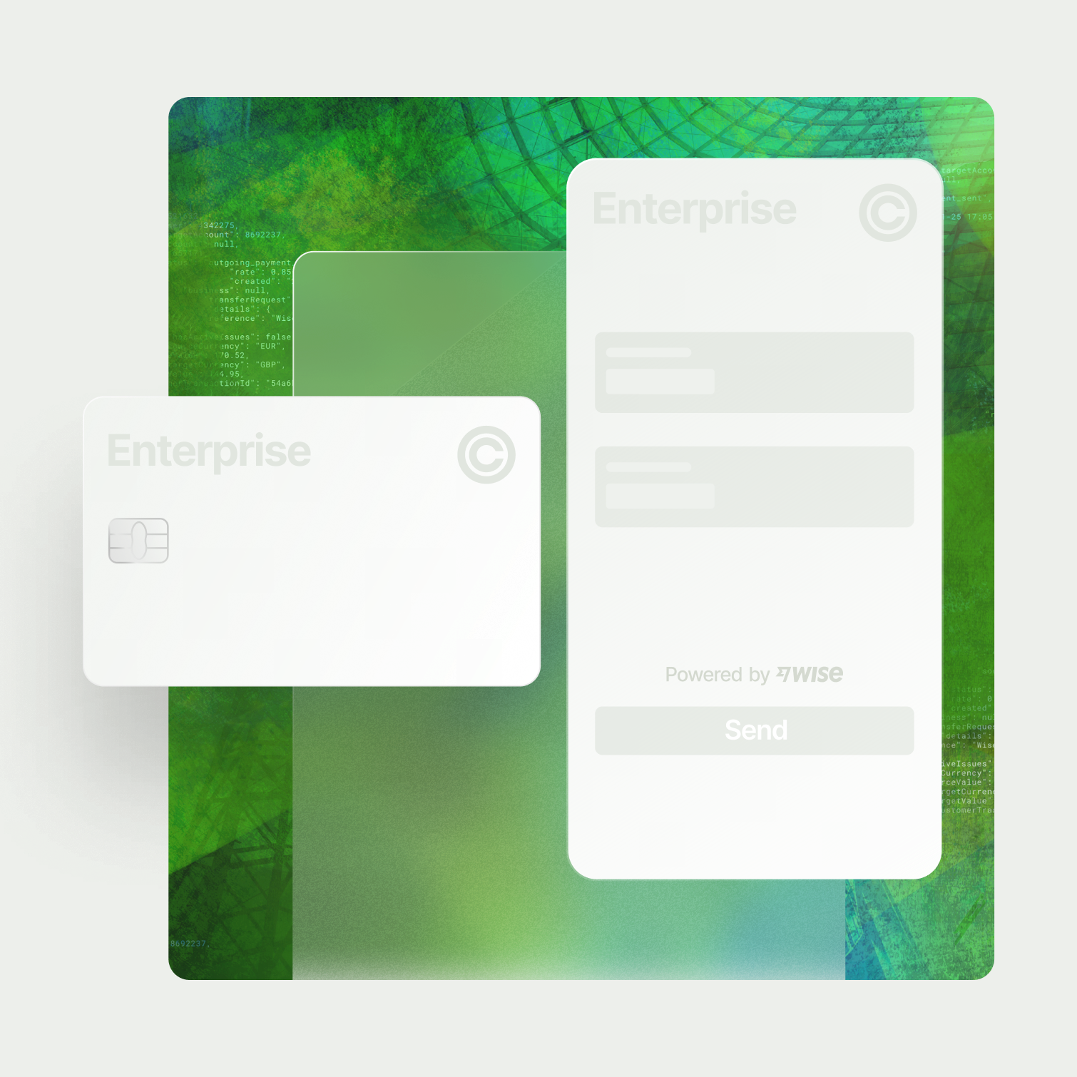 A blank plastic card, a grey phone Ui on top of a transparent layer on a Wise Platform Tapestry
