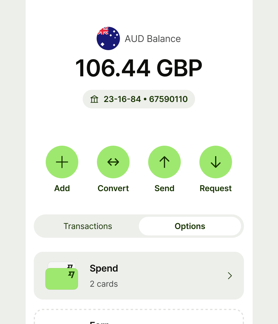 Balance page with circular button actions