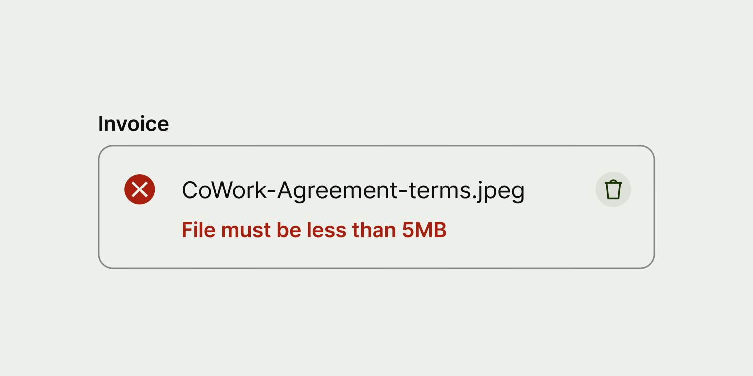 A failed upload where the description tells the user why the upload has failed.