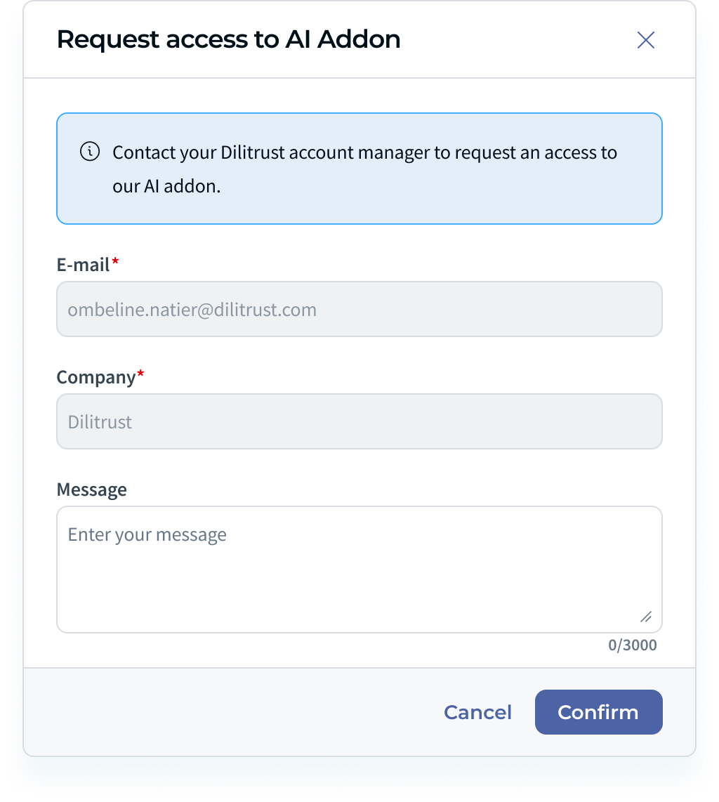Request access form with pre-filled e-mail and company fields and an optional message