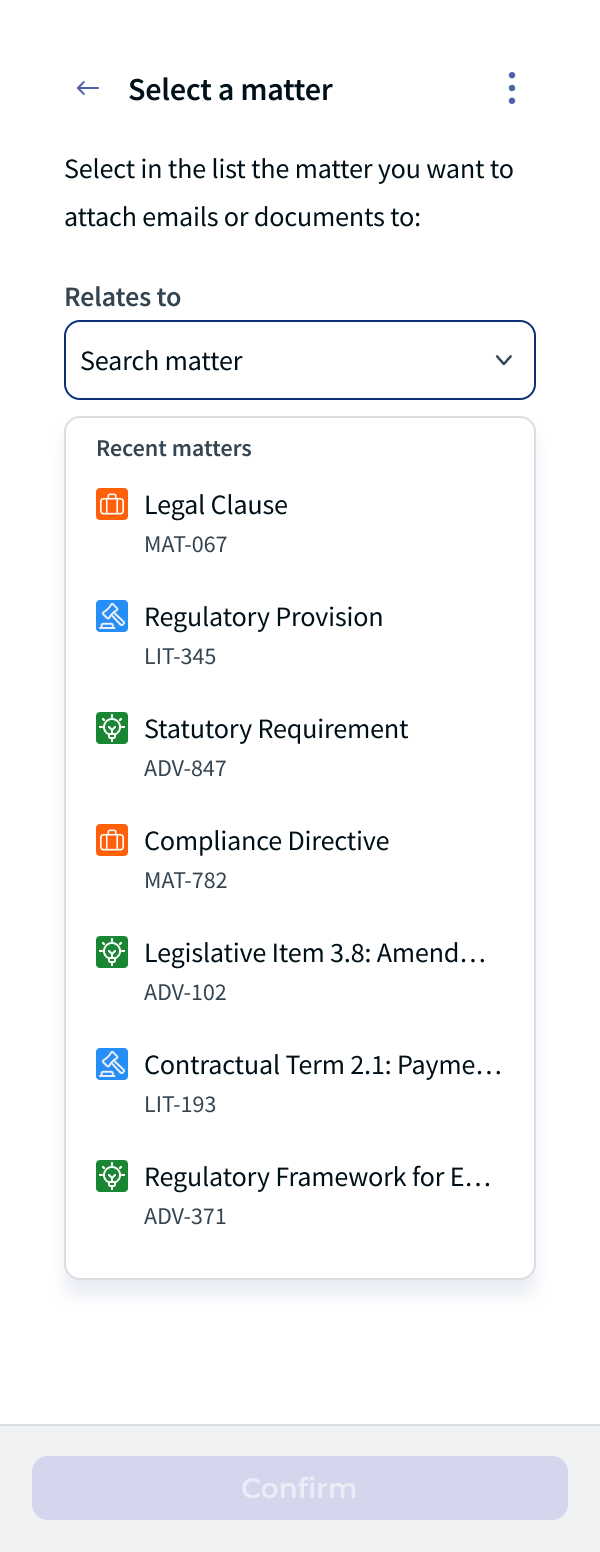 Select a matter screen with the Relates to search field and the list of recent matters