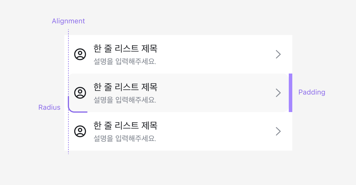 세로로 쌓인 List Item 중 하나만 전체 축소되어 정렬·여백·모서리가 어긋난 모습