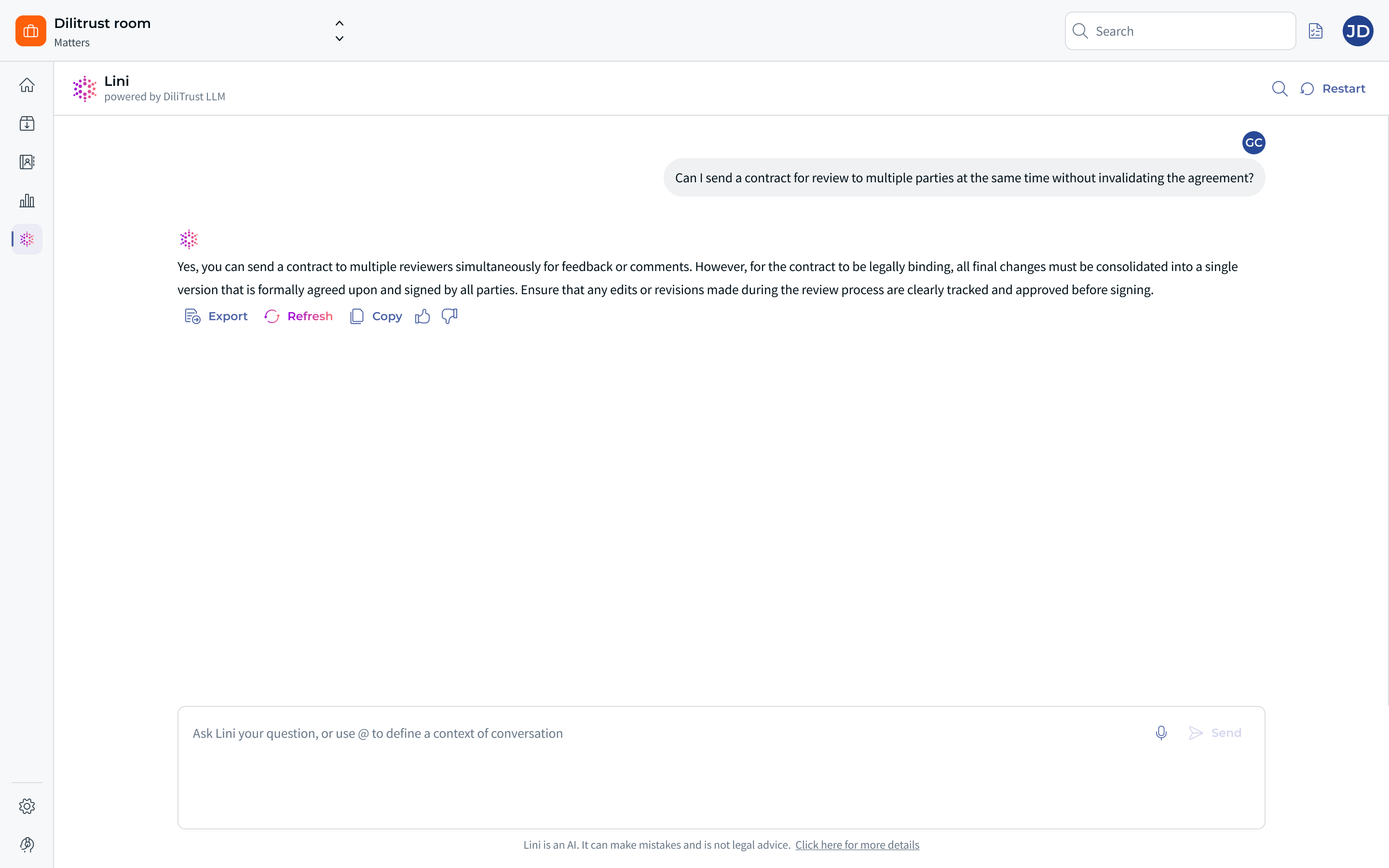 Feedback and rewrite actions displayed under a LINI answer