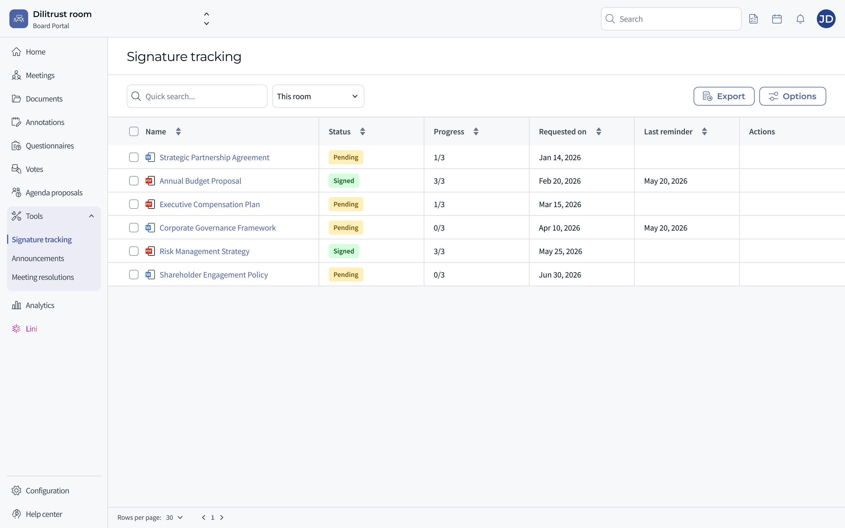 Signature Tracking view in Board Portal — temporary Figma image, replace before publication