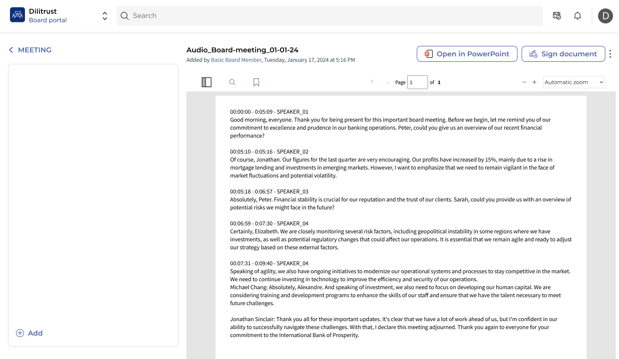 Board Portal document view showing the Open in PowerPoint button