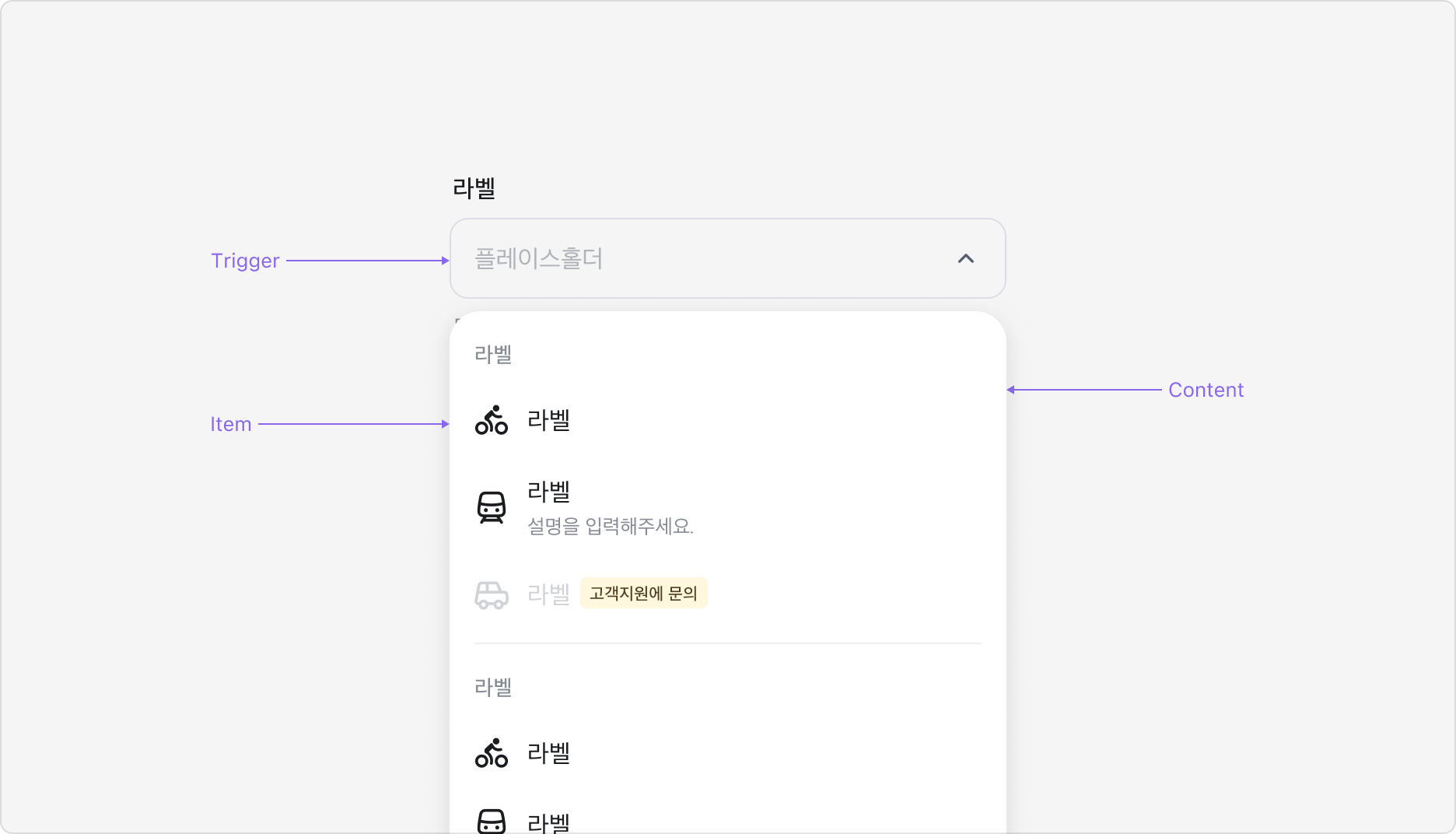 Select의 Anatomy 이미지. Trigger, Content, Item, Group, Divider로 구성됩니다.