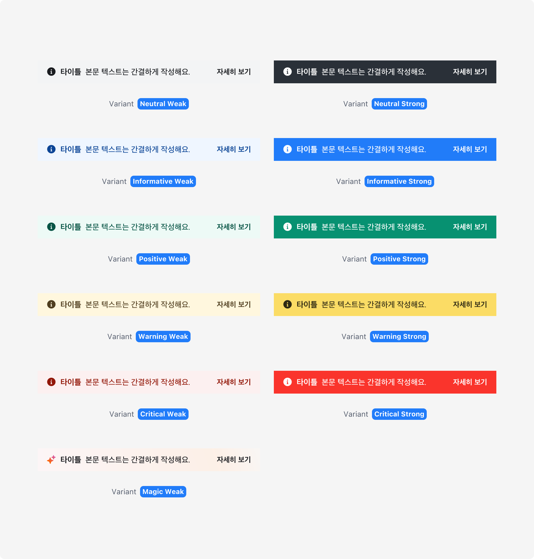 Page Banner의 Variant 및 Tone - Neutral, Informative, Positive, Warning, Critical, Magic Tone과 Weak, Solid Variant
