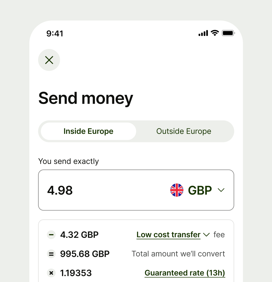Send money screen with segmented control