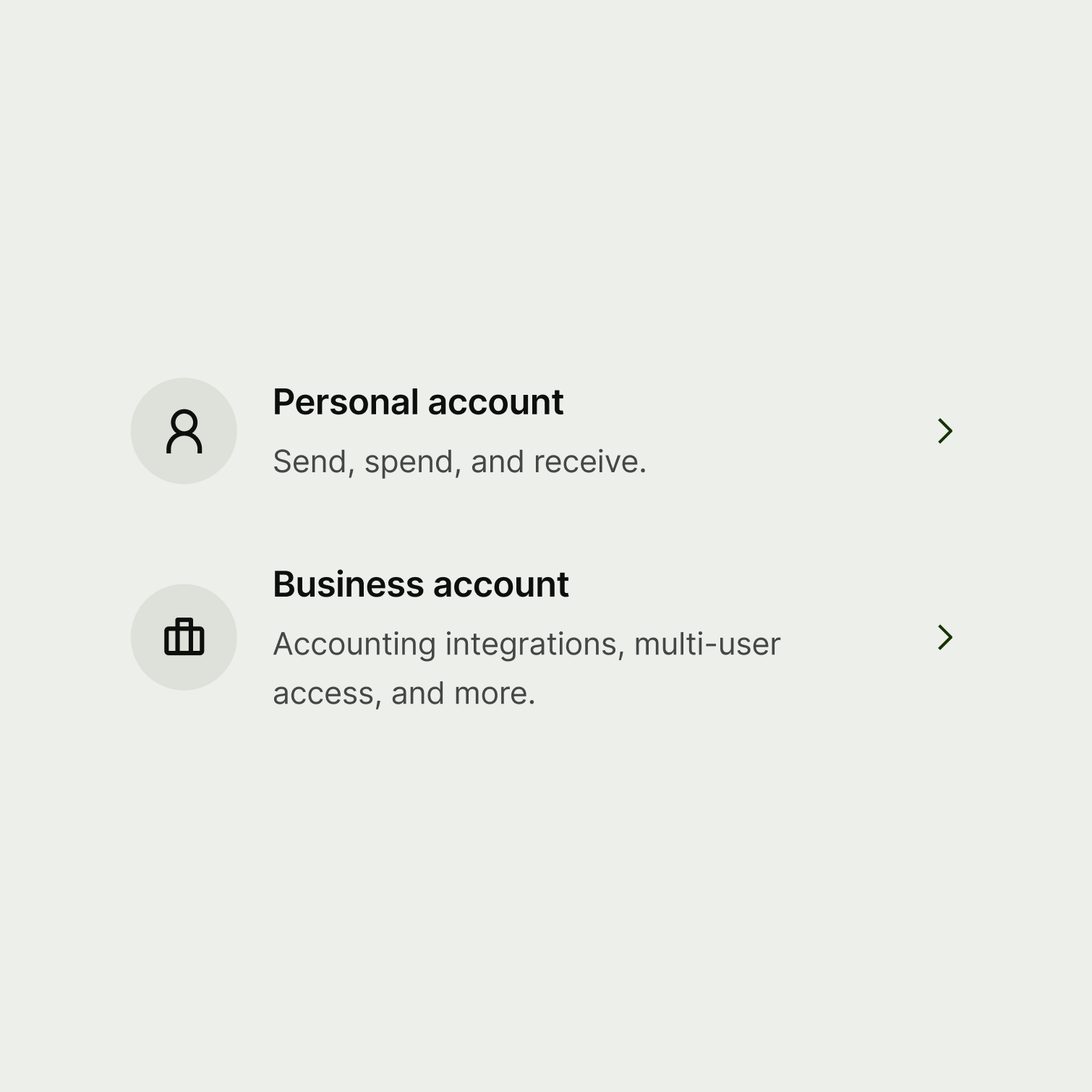 Two navigation options with short and succinct descriptions.