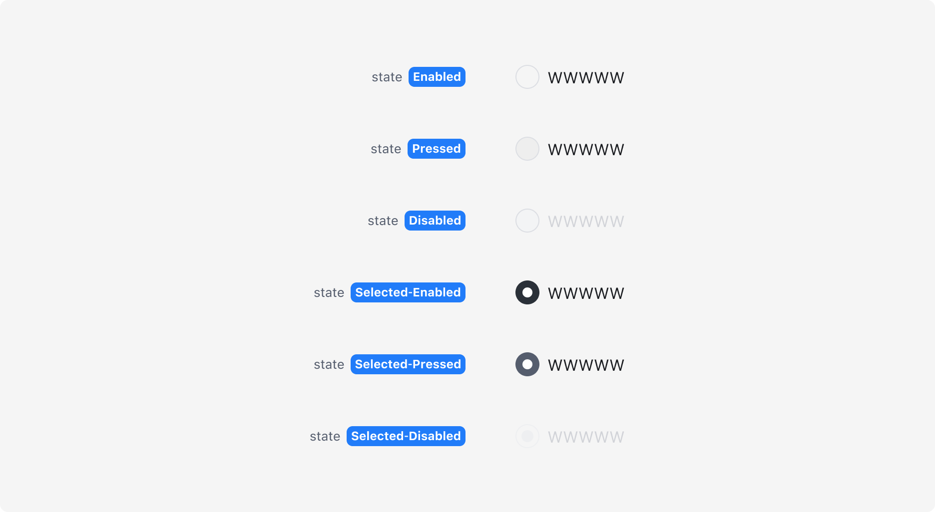 Radio의 State - Enabled, Pressed, Disabled, Selected-Enabled, Selected-Pressed, Selected-Disabled