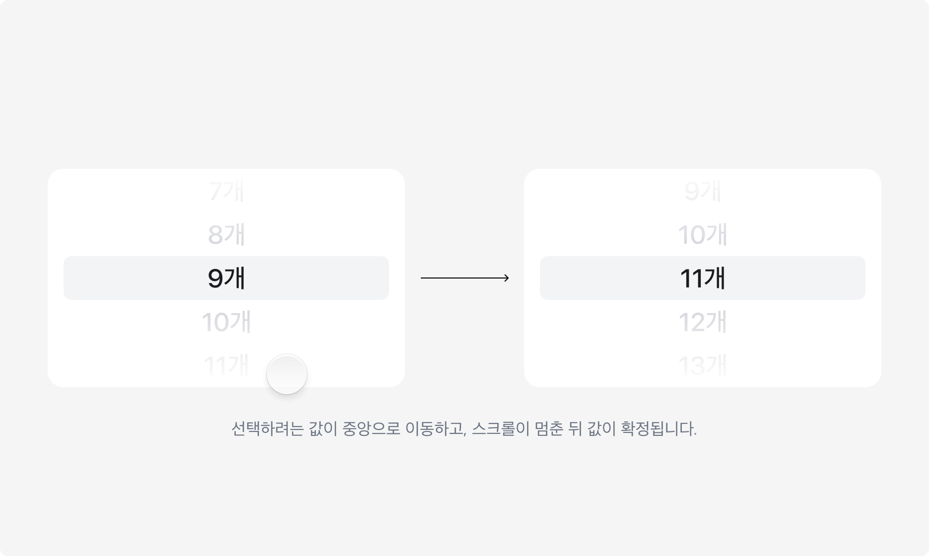 선택한 Item이 중앙으로 이동하고 스크롤이 멈춘 뒤 값이 확정되는 예시