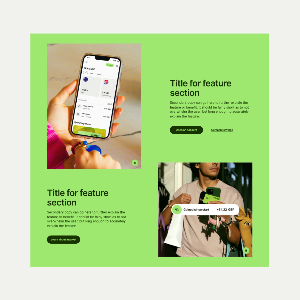 Feature Section Grid in Bright Green theme
