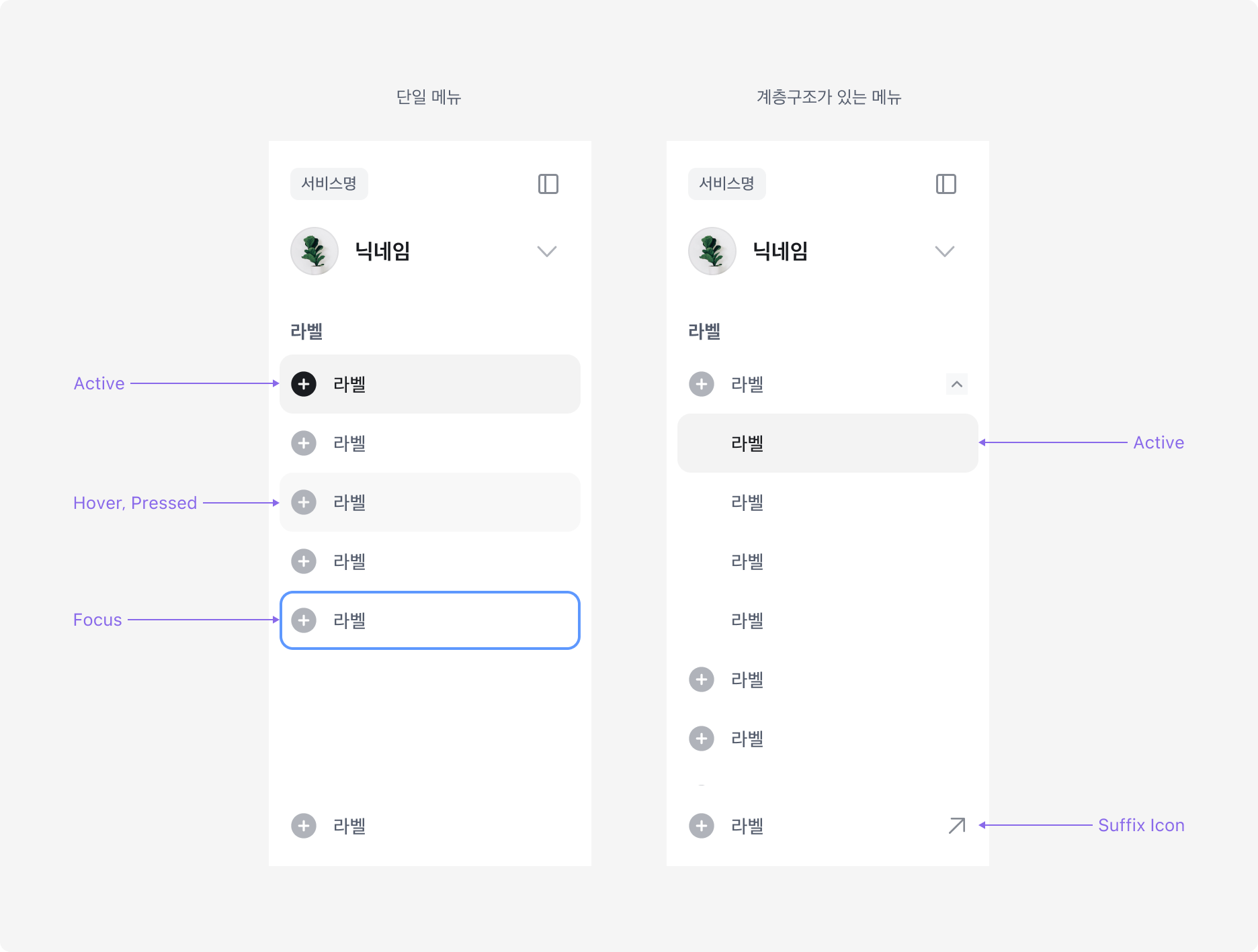 Side Navigation의 Menu Item - 단일 메뉴와 계층구조가 있는 메뉴