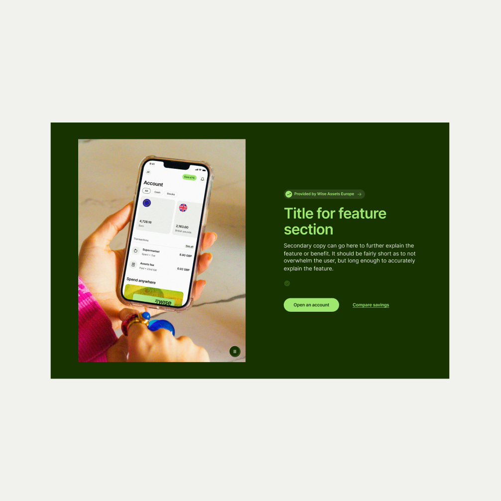 An image of the Feature Section Single in Forest Green theme