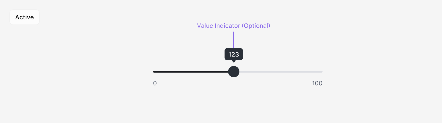 Slider의 Anatomy 이미지 (Active 상태에서 Value Indicator가 표시된 예시)