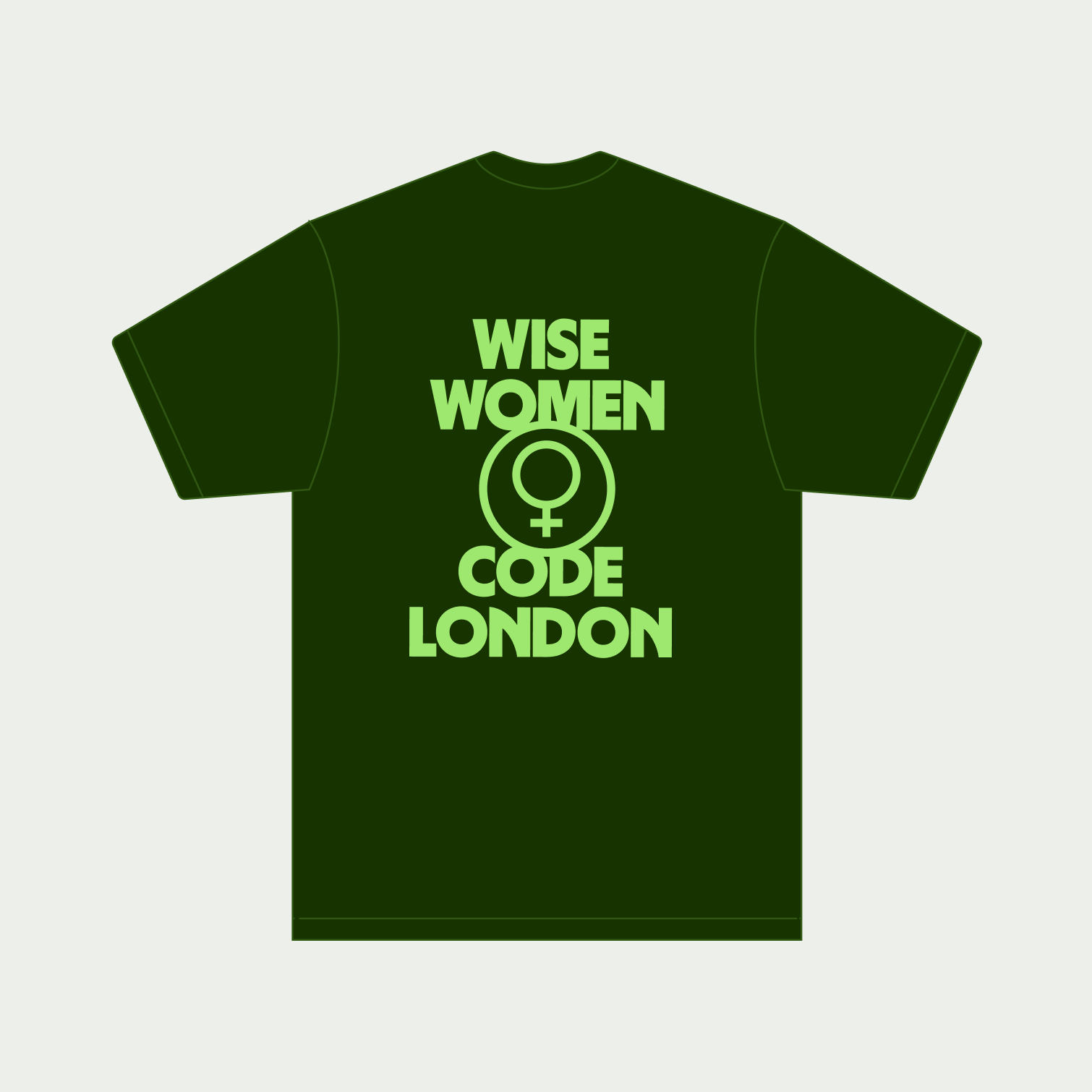 The back of a green t-shirt mockup showing the event name and icon layout design for Wise events swag.