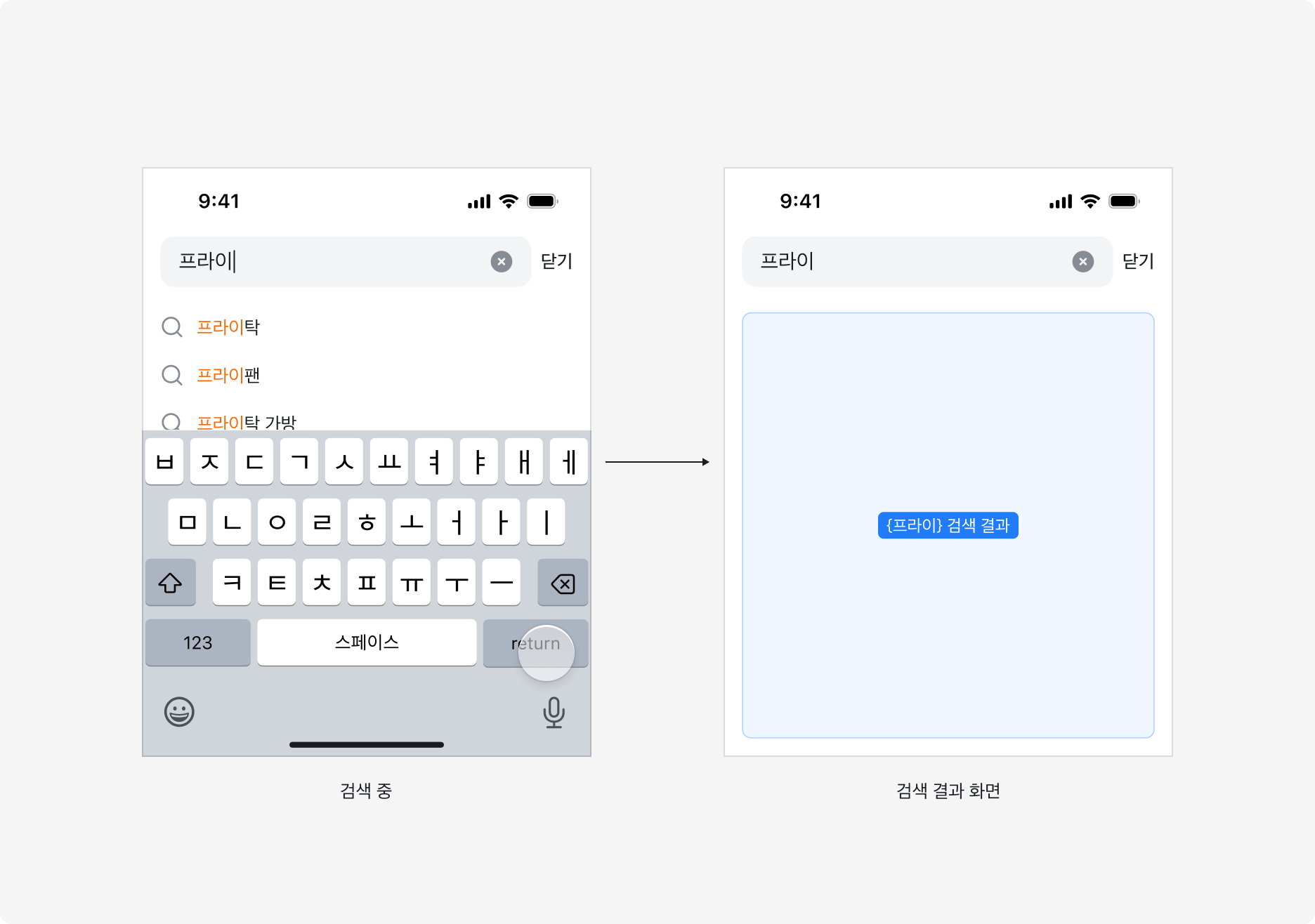 검색 중 OS Keyboard의 Submit 버튼을 누르면 Keyboard가 사라지고 검색 결과 화면이 표시되는 예시