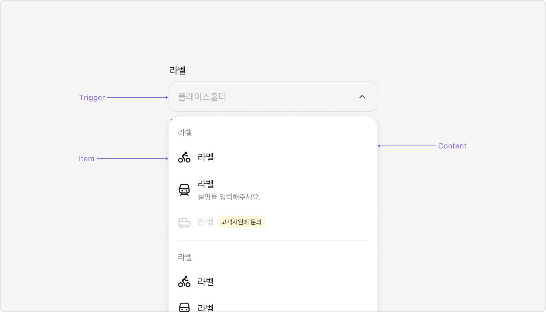 Select의 Anatomy 이미지. Trigger, Content, Item, Group, Divider로 구성됩니다.