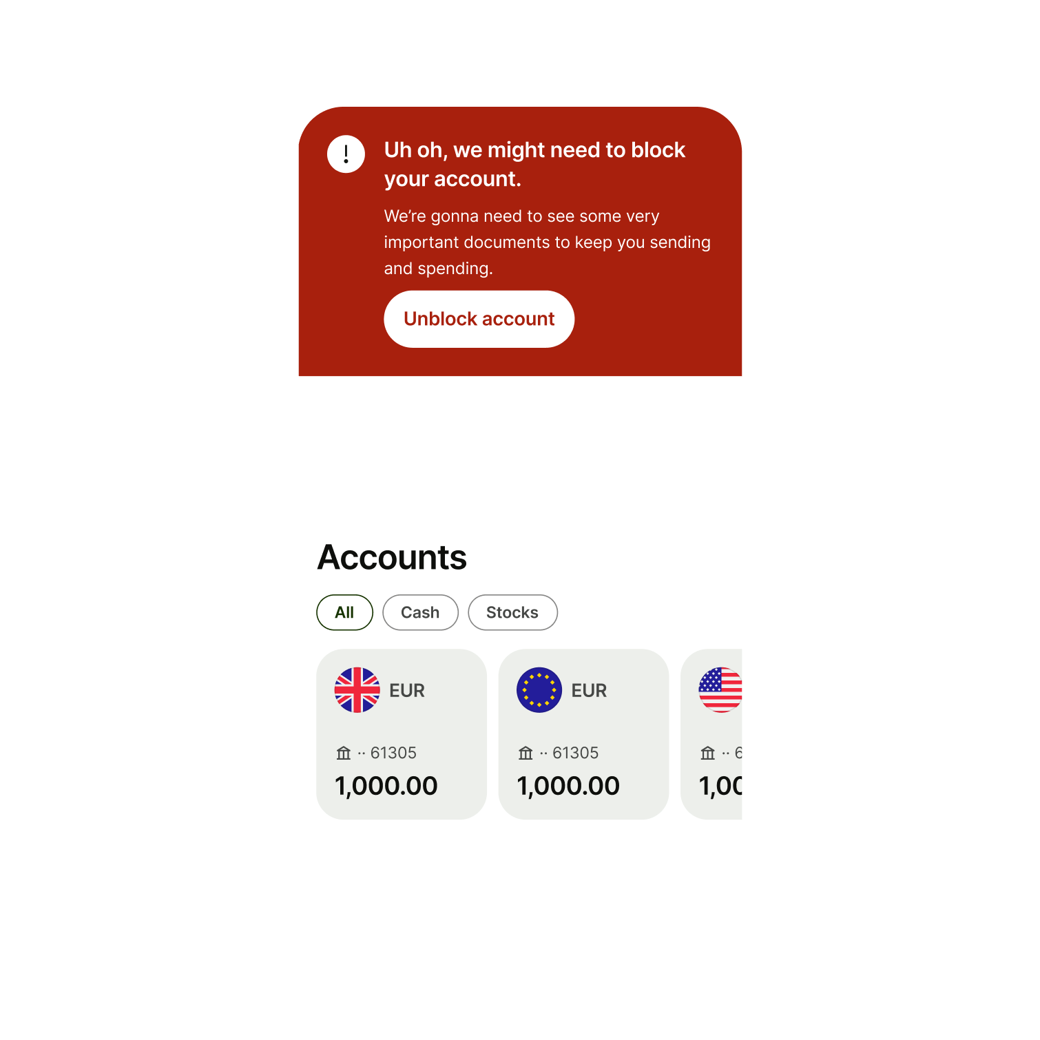 A critical banner which reads "Uh oh, we’ve had to block your account. Looks like you bought one too many mojitos." 