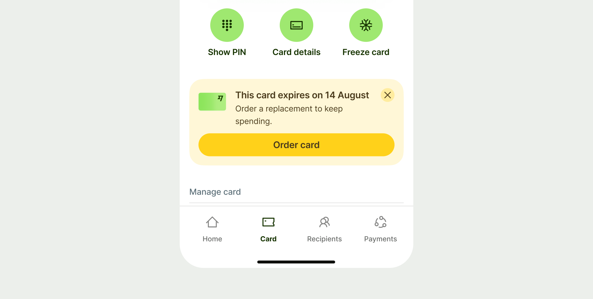 Warning action prompt in card page