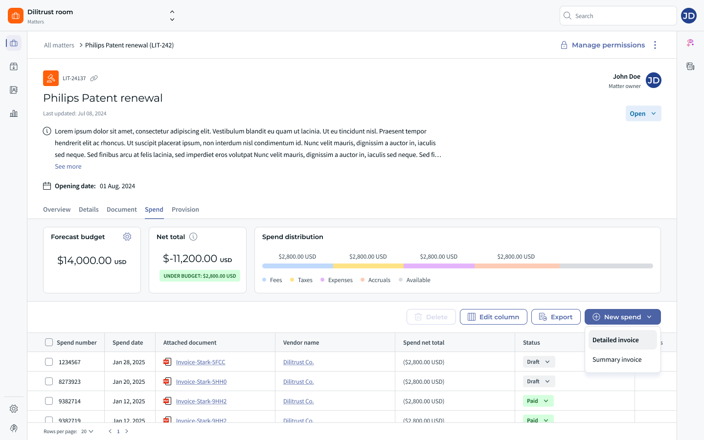 Design mockup of the matter Spend list, where a new spend is created