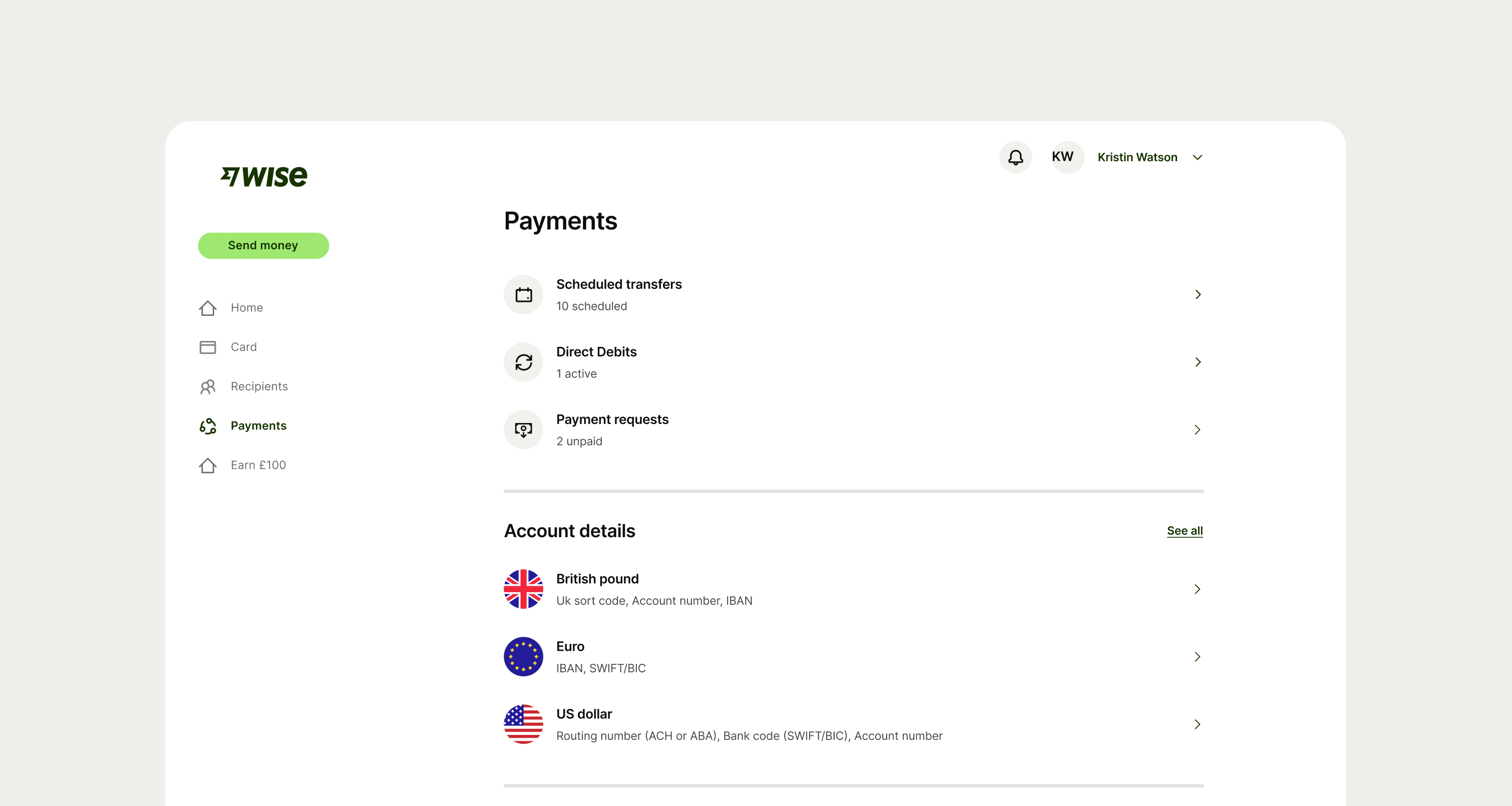 Payments screen