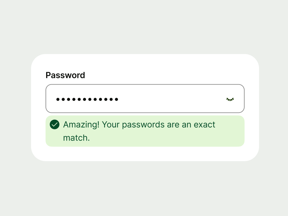 Password field featuring a wordy, discouraged success inline prompt stating "Amazing! Your passwords are an exact match."
