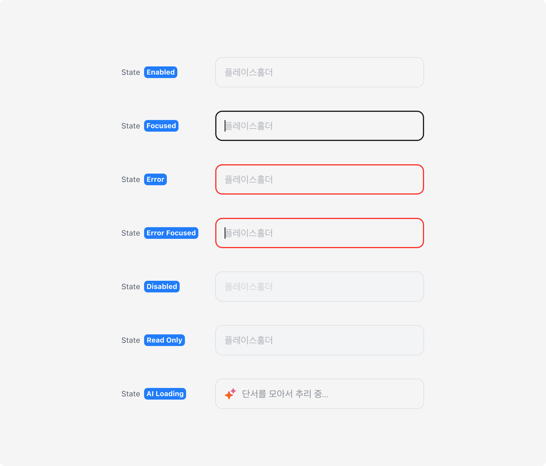 Text Input의 State - Enabled, Focused, Error, Error Focused, Disabled, Read Only, AI Loading