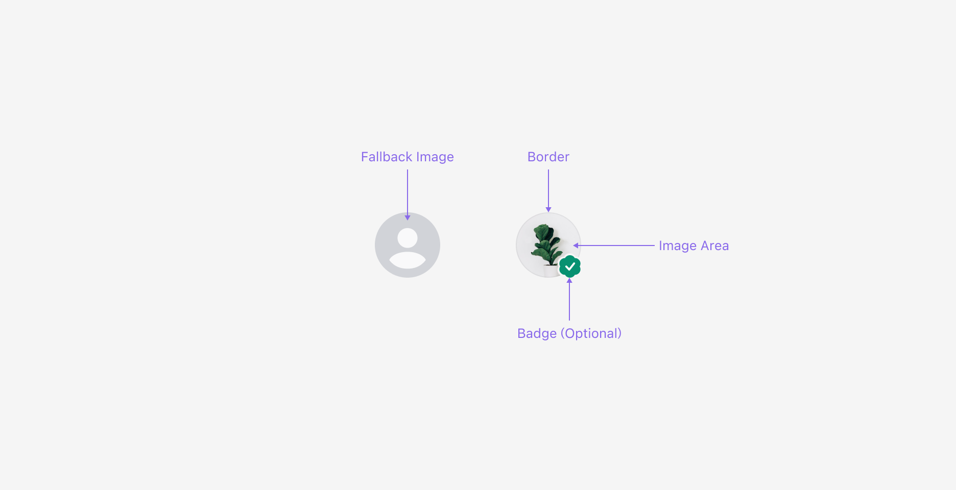 Avatar의 Anatomy 이미지. Image Area와 Border로 구성되며 Badge를 표시할 수 있습니다.