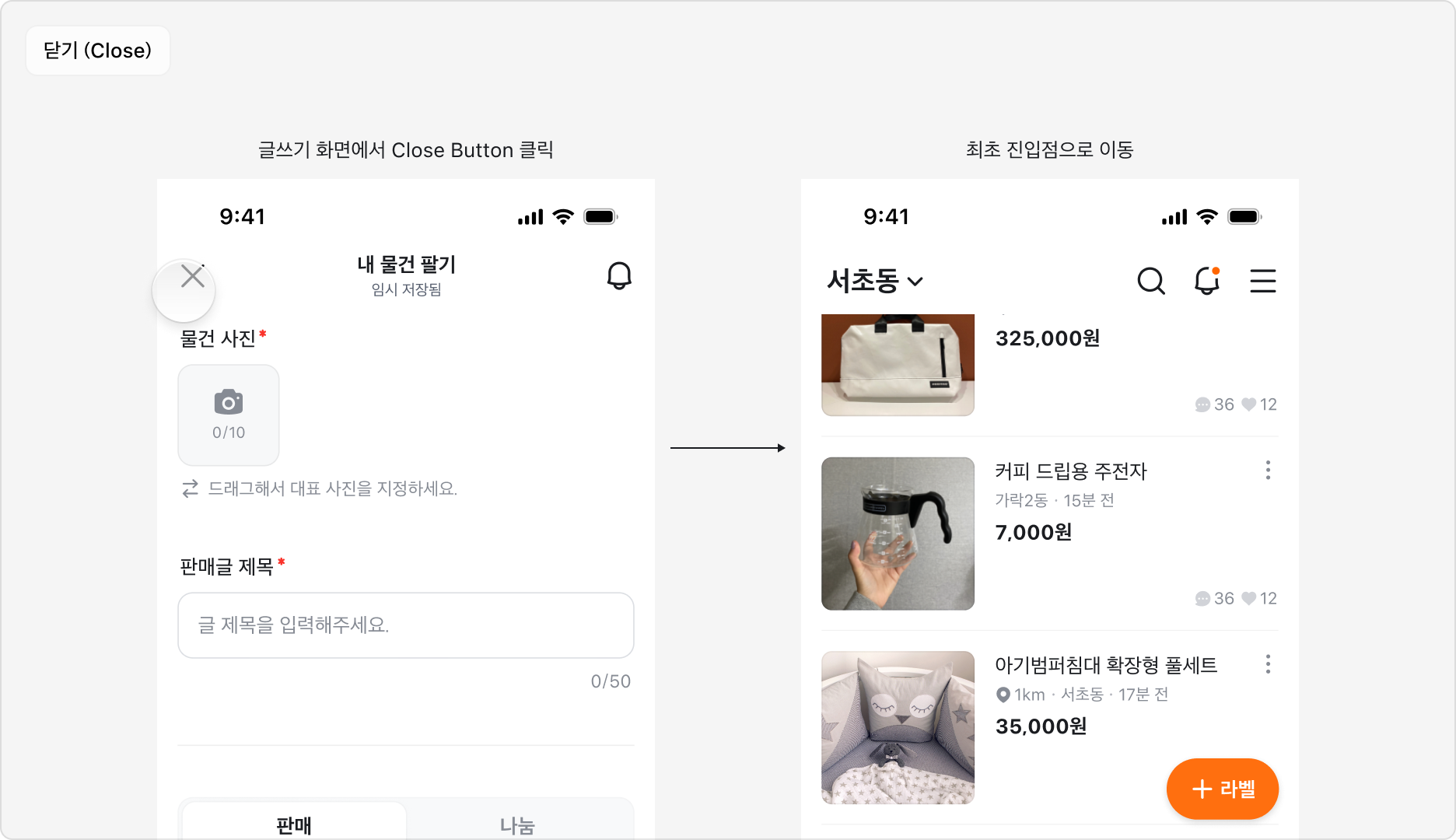 닫기 동작 예시: 글쓰기 화면에서 Close Button 클릭 → 최초 진입점으로 이동