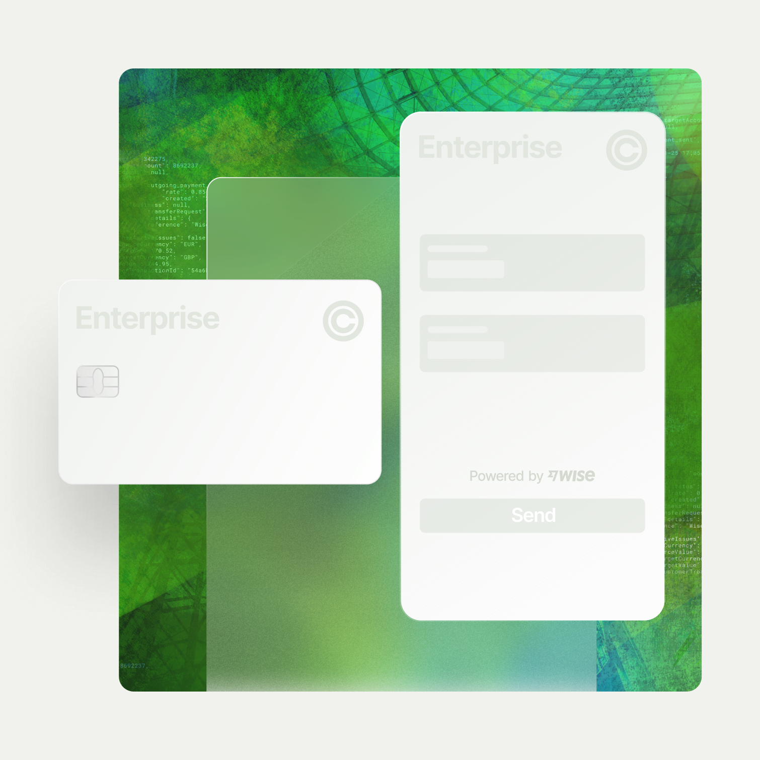 A blank plastic card, a grey phone Ui on top of a transparent layer on a Wise Platform Tapestry