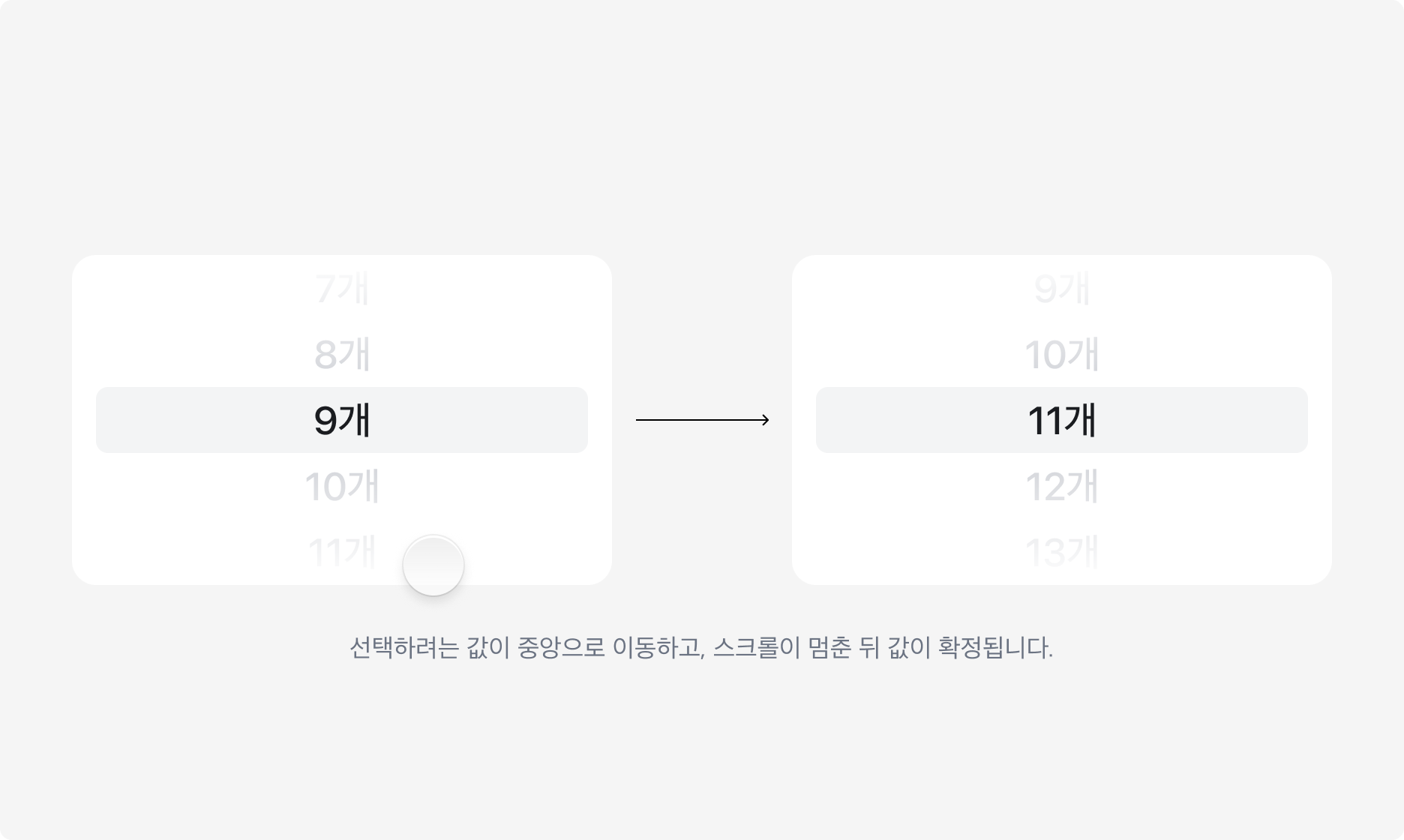 선택한 Item이 중앙으로 이동하고 스크롤이 멈춘 뒤 값이 확정되는 예시