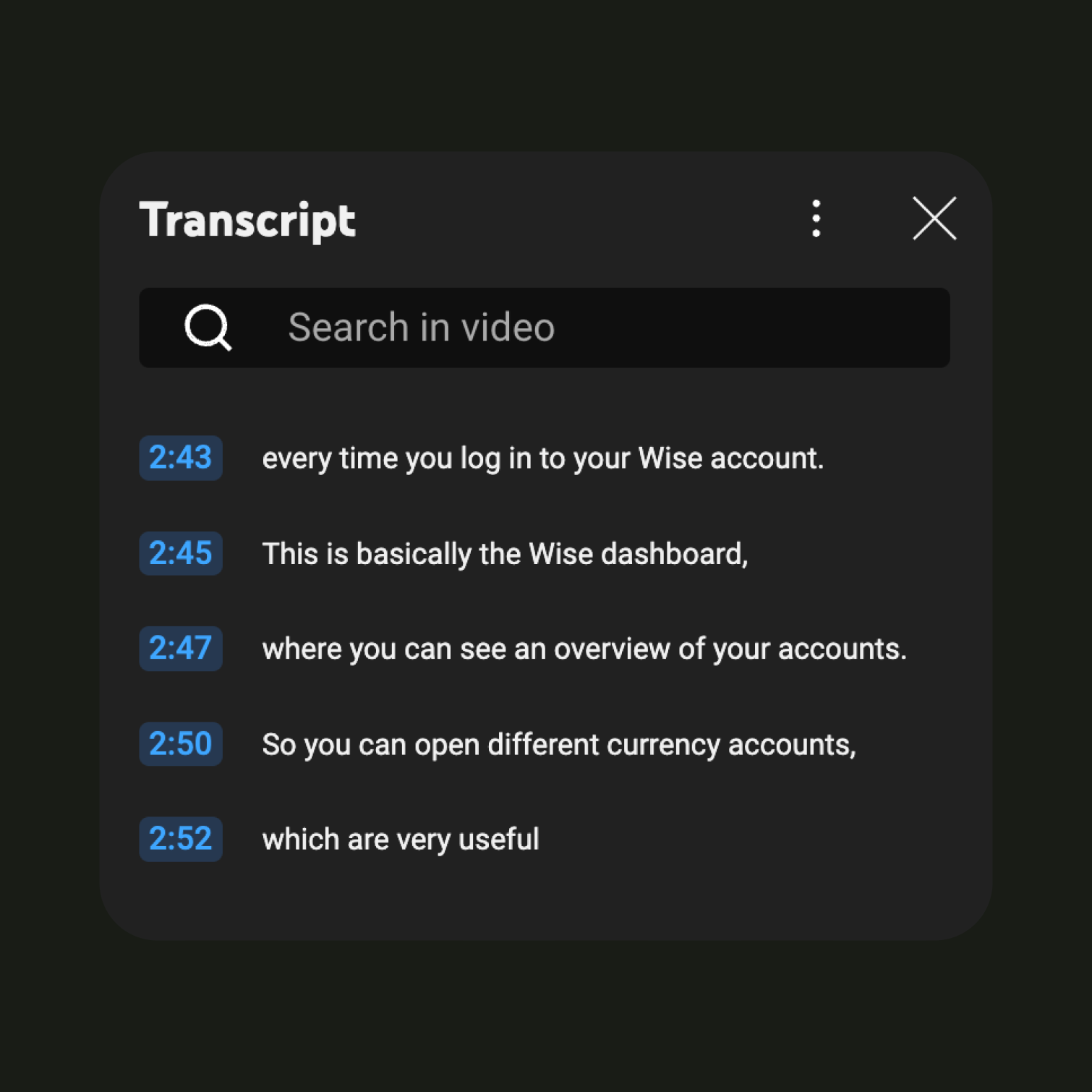 A list of time stamps next to sentences. 
