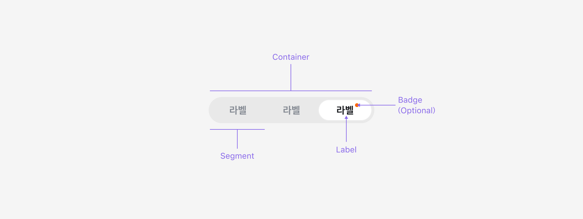 Segmented Control의 Anatomy 이미지. Container, Segment, Label, Badge (Optional)로 구성됩니다.