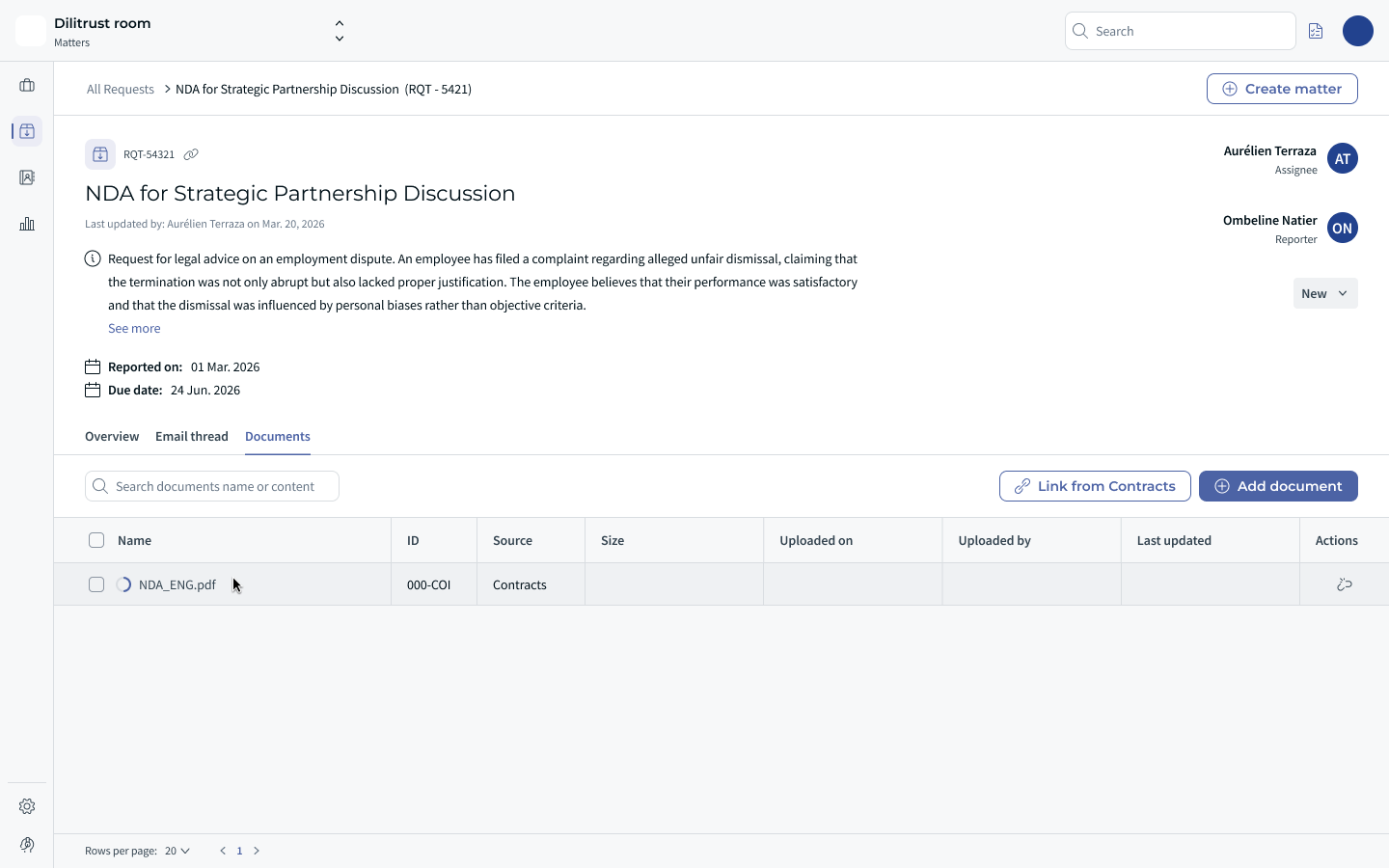 Documents tab of a request listing saved and linked documents with their ID and Source columns