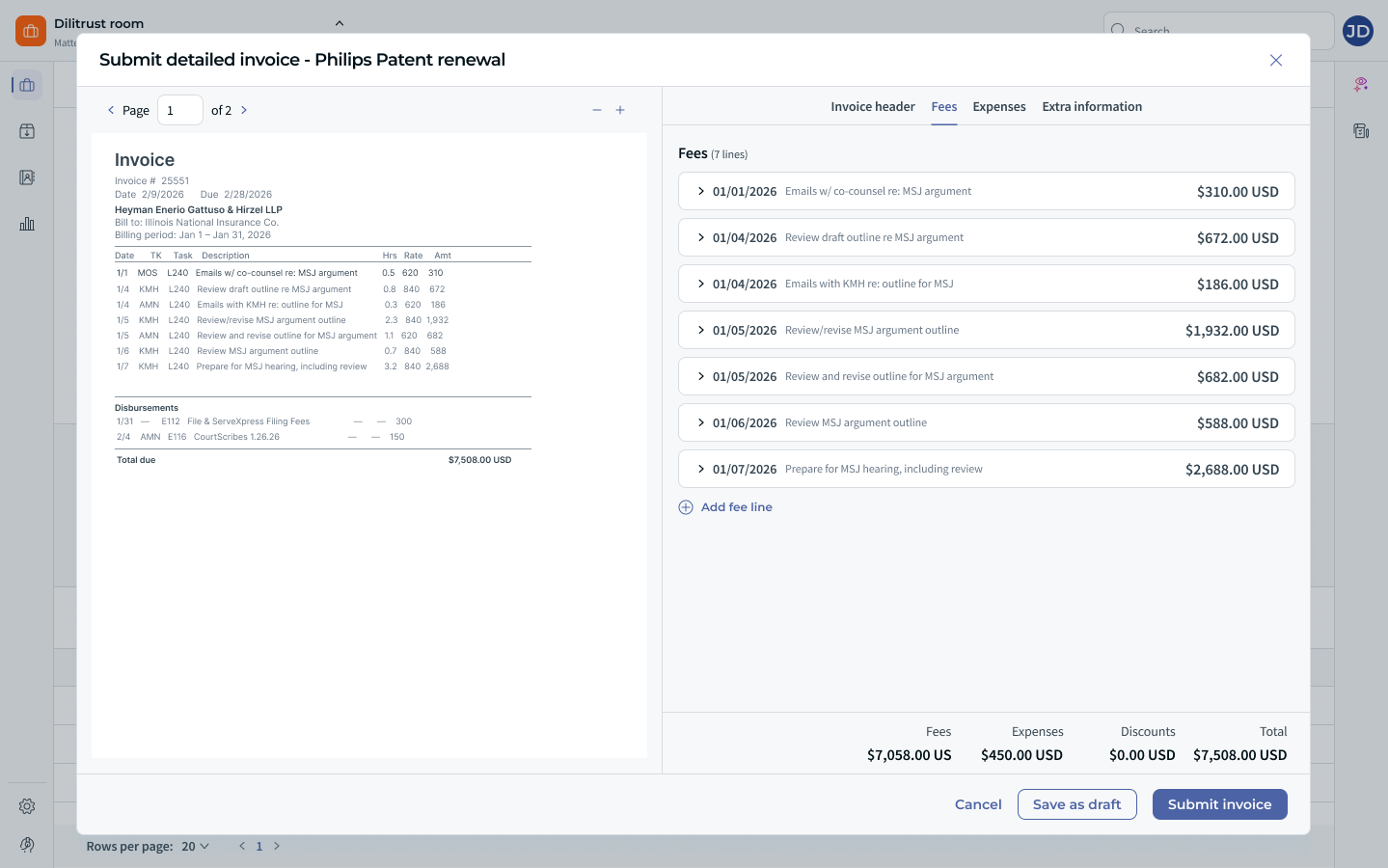Design mockup of the detailed invoice window with several invoice lines added
