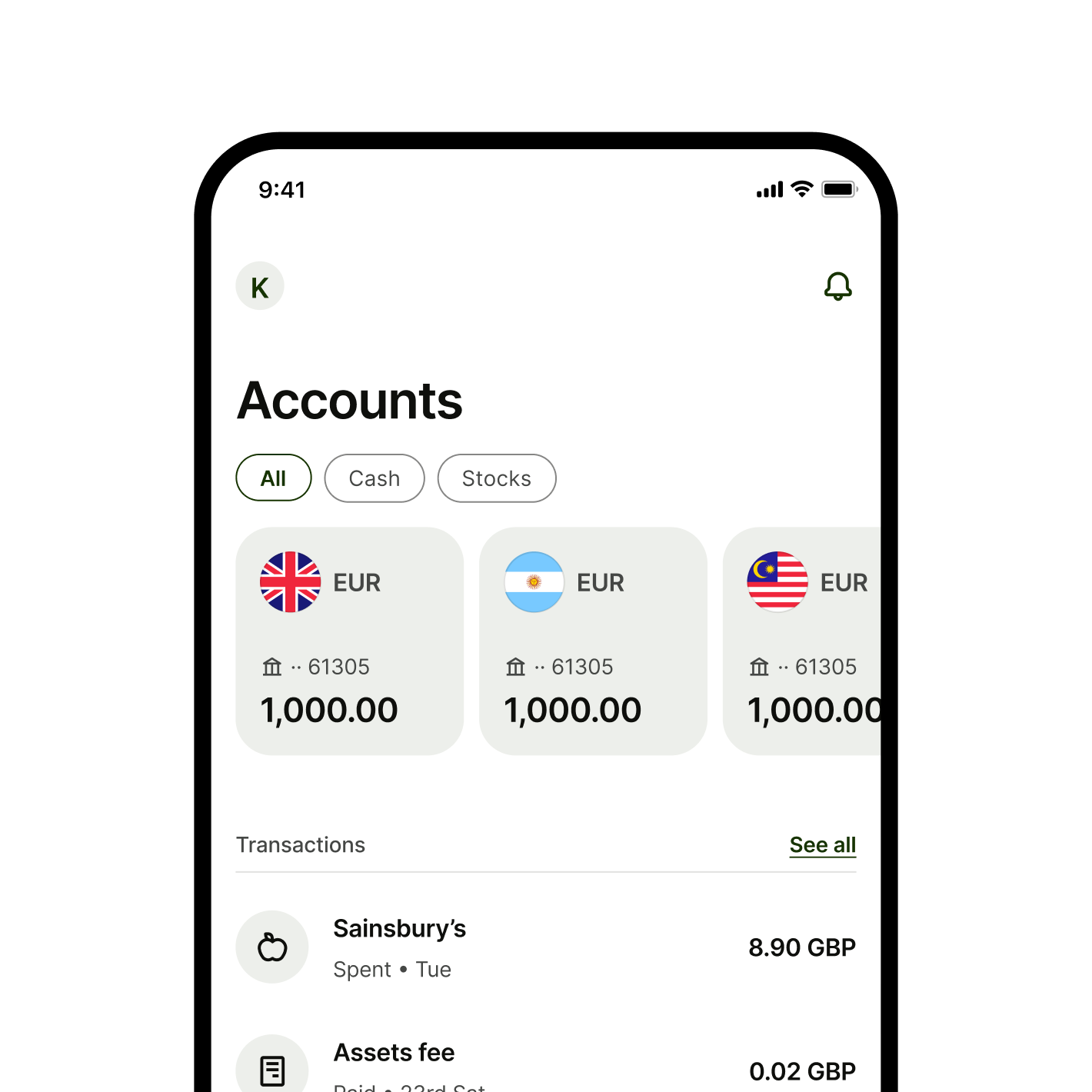 The homepage UI of the Wise app.