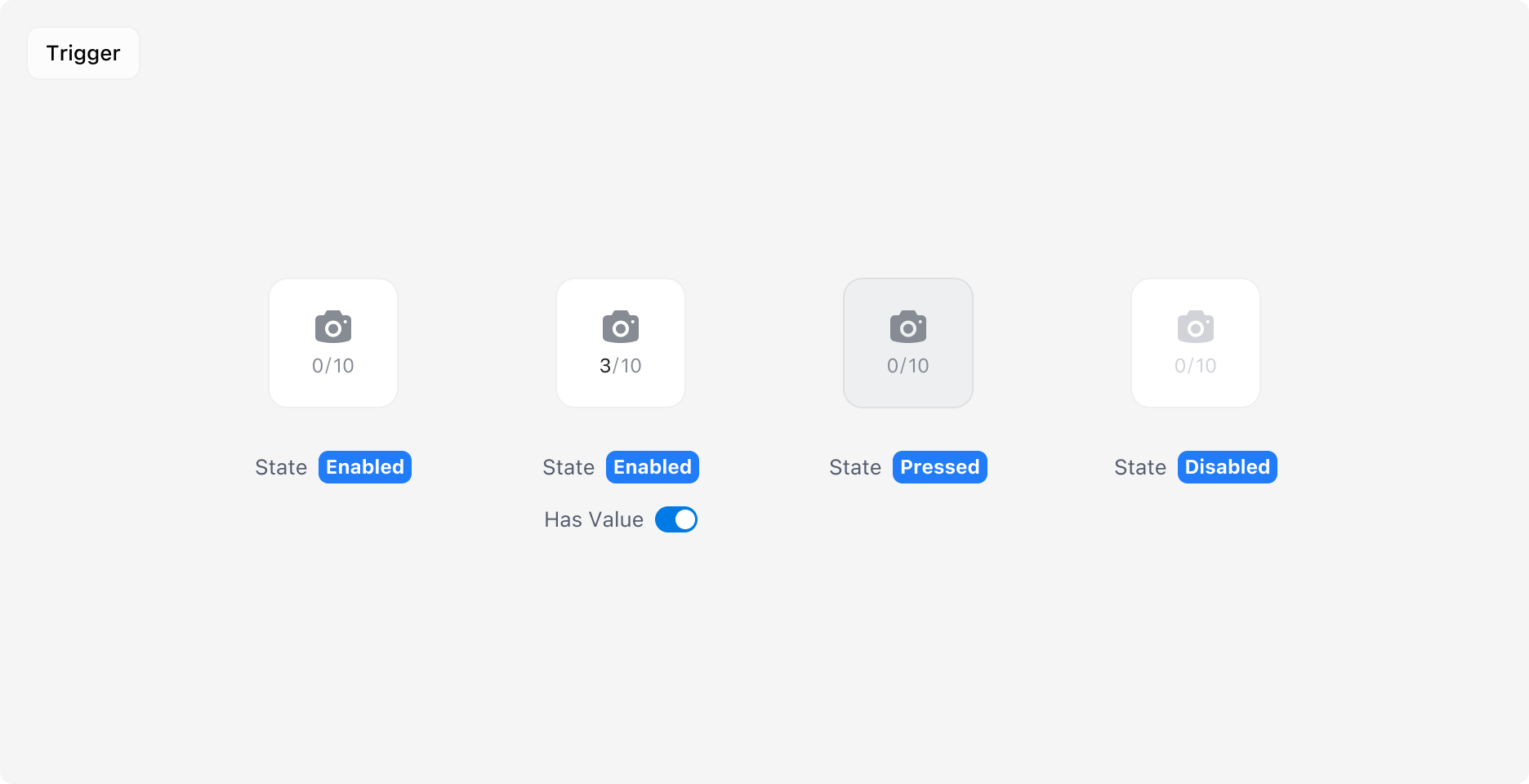 Attachment Input Trigger의 Enabled, Has Value, Pressed, Disabled 상태 예시