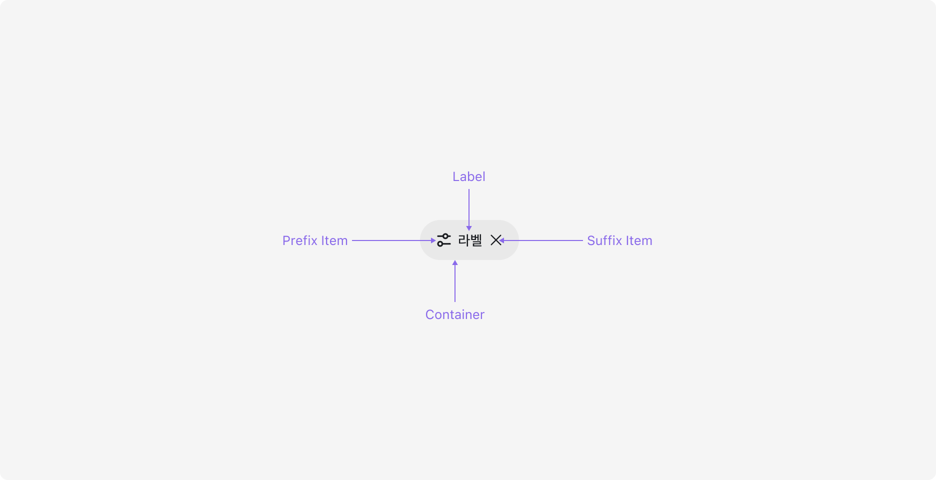 Chip의 Anatomy 이미지. Container, Label, Prefix Item, Suffix Item으로 구성됩니다.
