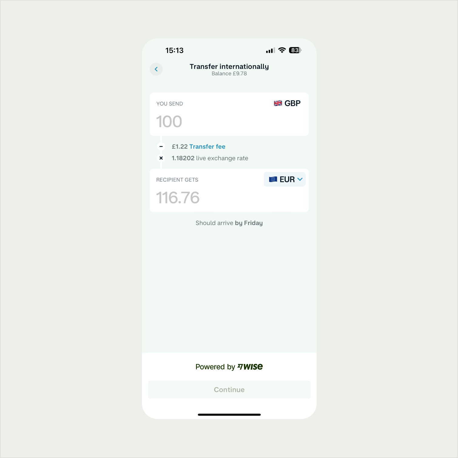 Powered by Wise lockup applied on a partner UI