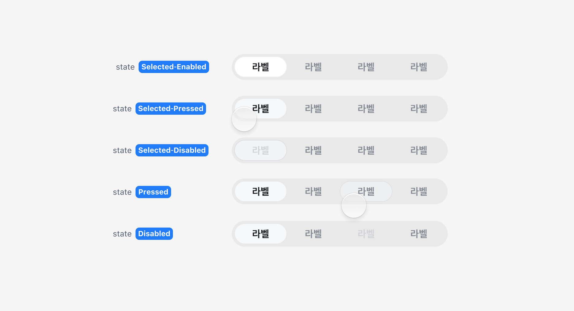 Segmented Control의 State - Selected-Enabled, Selected-Pressed, Pressed, Disabled, Selected-Disabled