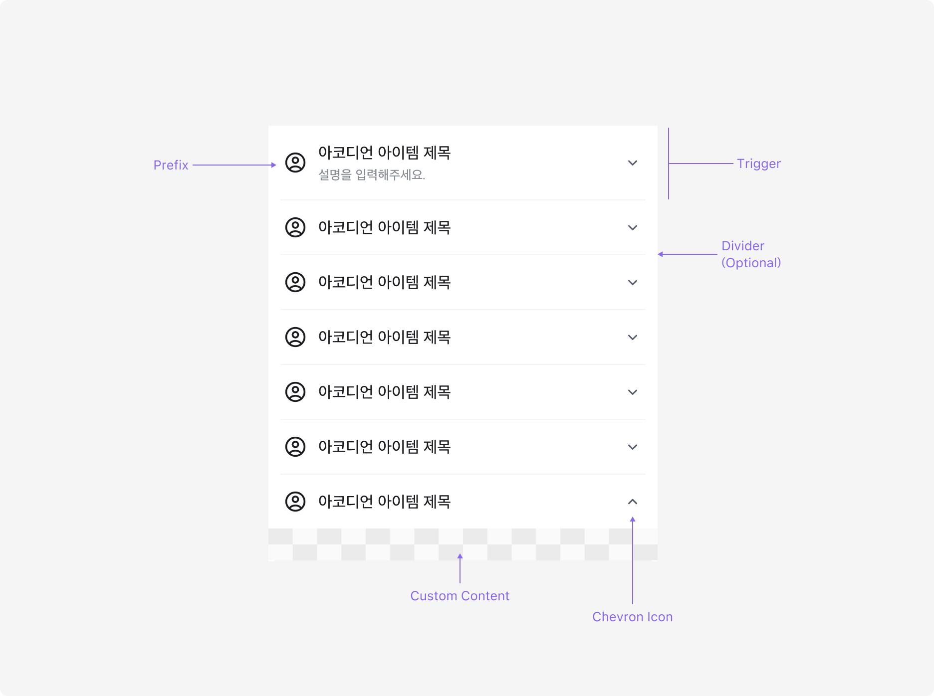 Accordion의 Anatomy 이미지. Trigger(Prefix, Title, Description, Chevron Icon)와 확장 시 Custom Content로 구성됩니다.