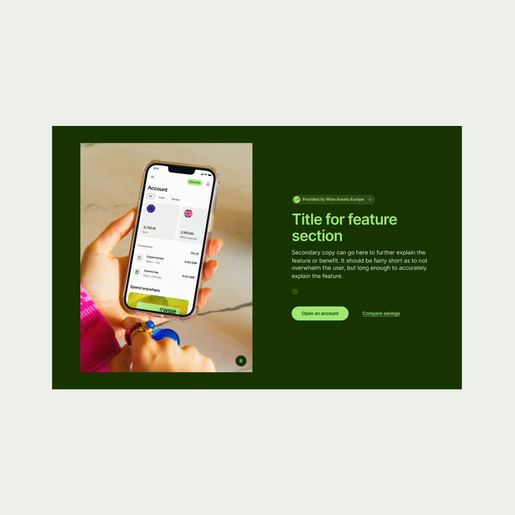 An image of the Feature Section Single in Forest Green theme