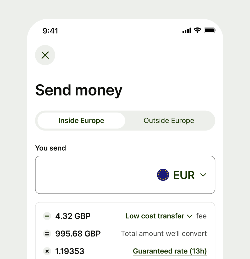 Send money screen with segmented control