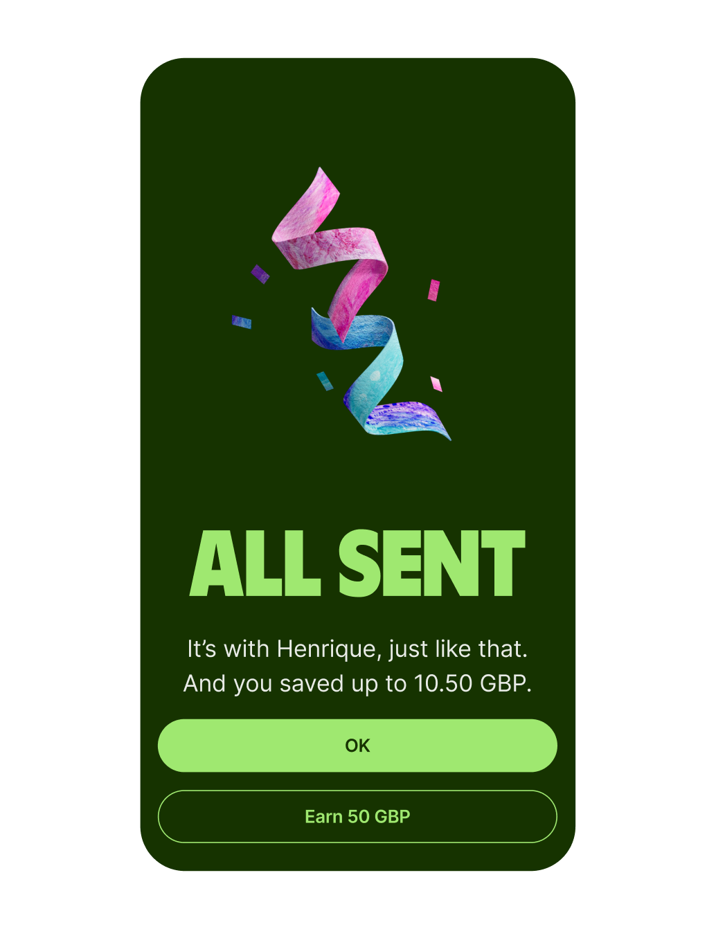 A send money success screen.