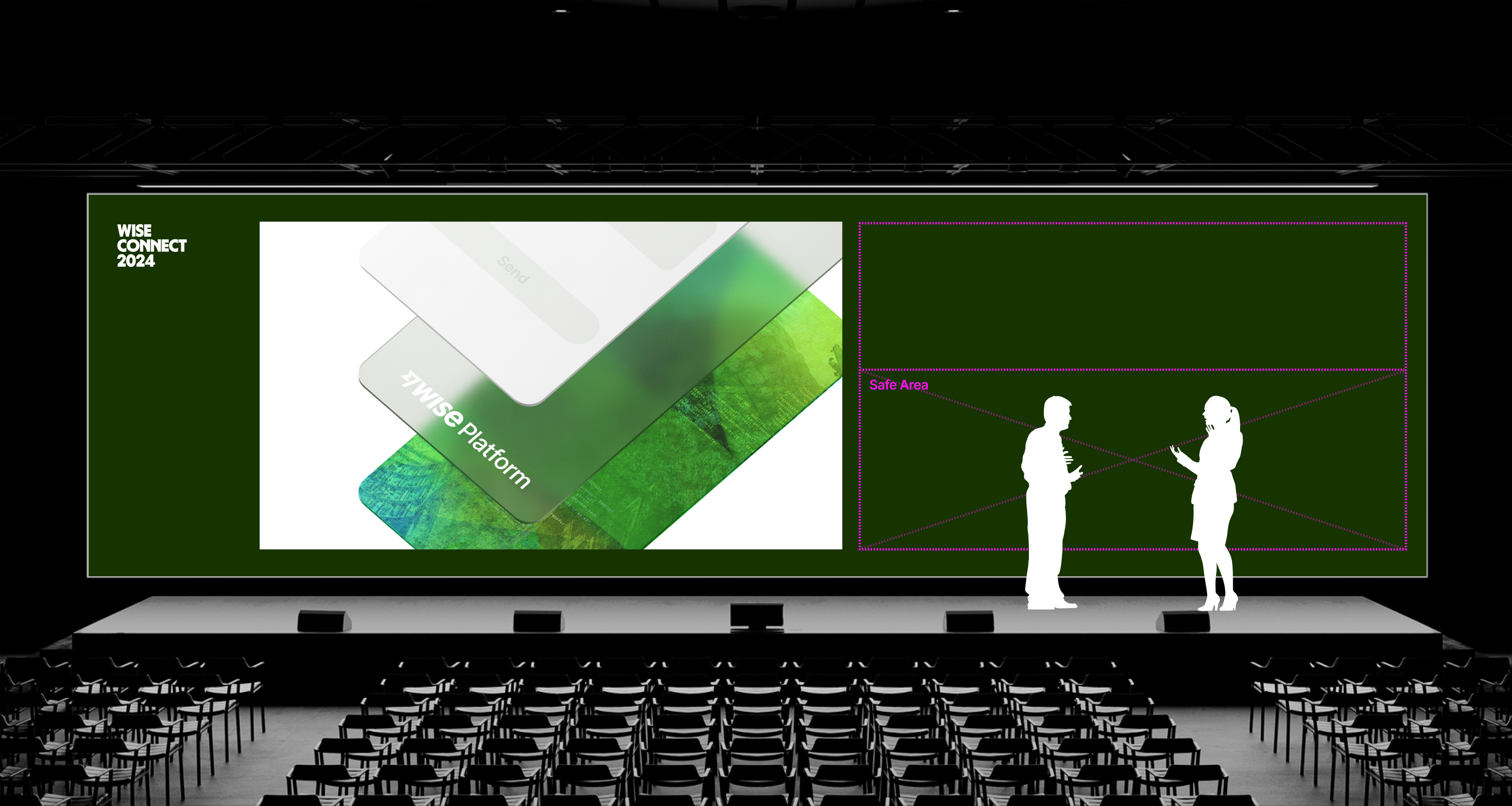 A conference room with Wise connect content on the screen and two silhouettes on the right side of the stage