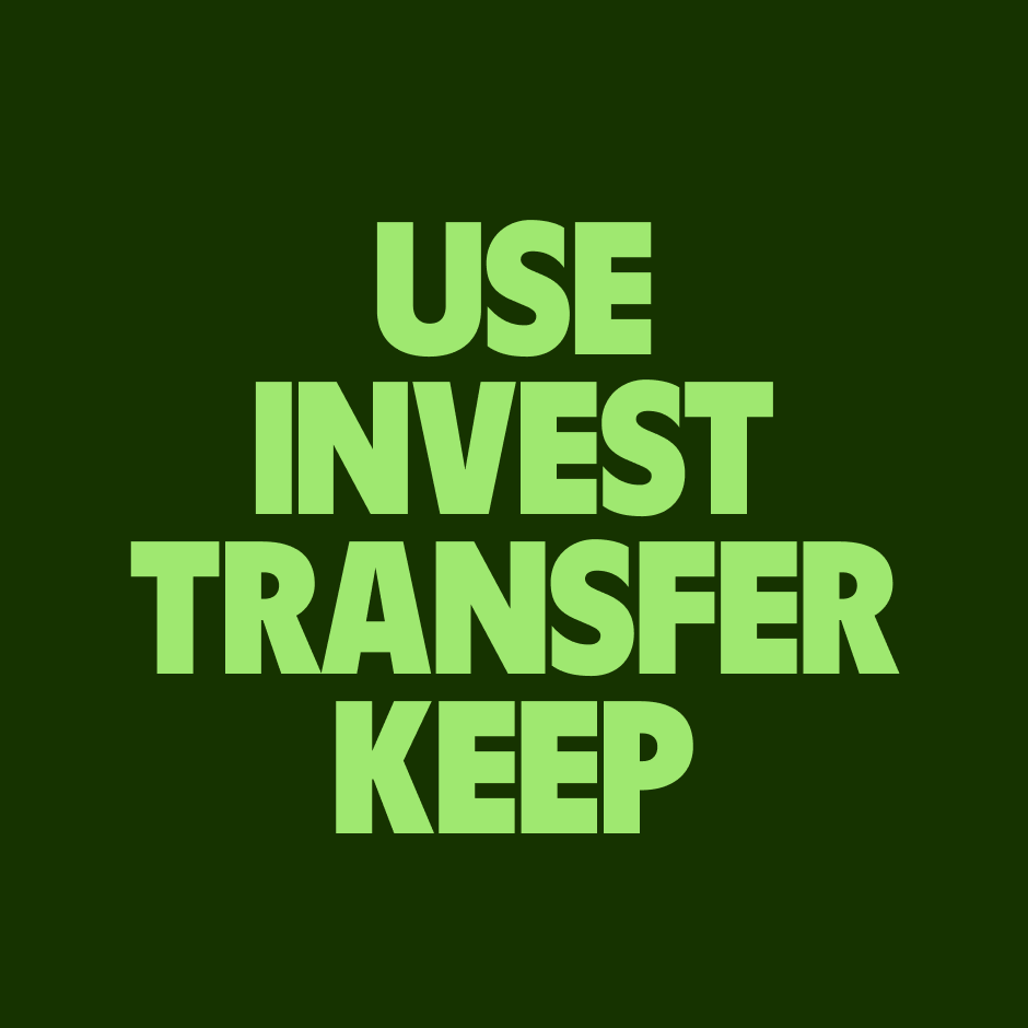 Bright green Parafina text on a forest green background with the words "Use invest transfer keep"