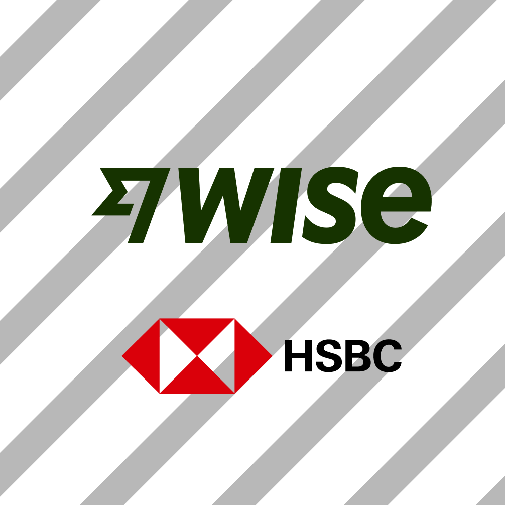 The Wise and HSBC logos one on top of the other against a striped background.