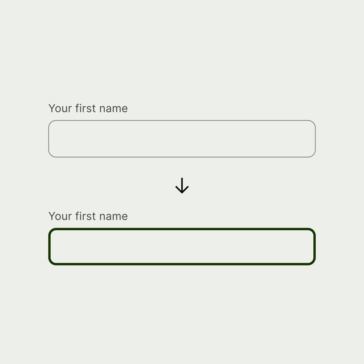 A comparison of a regular form input, and a focused form input. The focused input has a thicker border and the border colour changes to forest green.