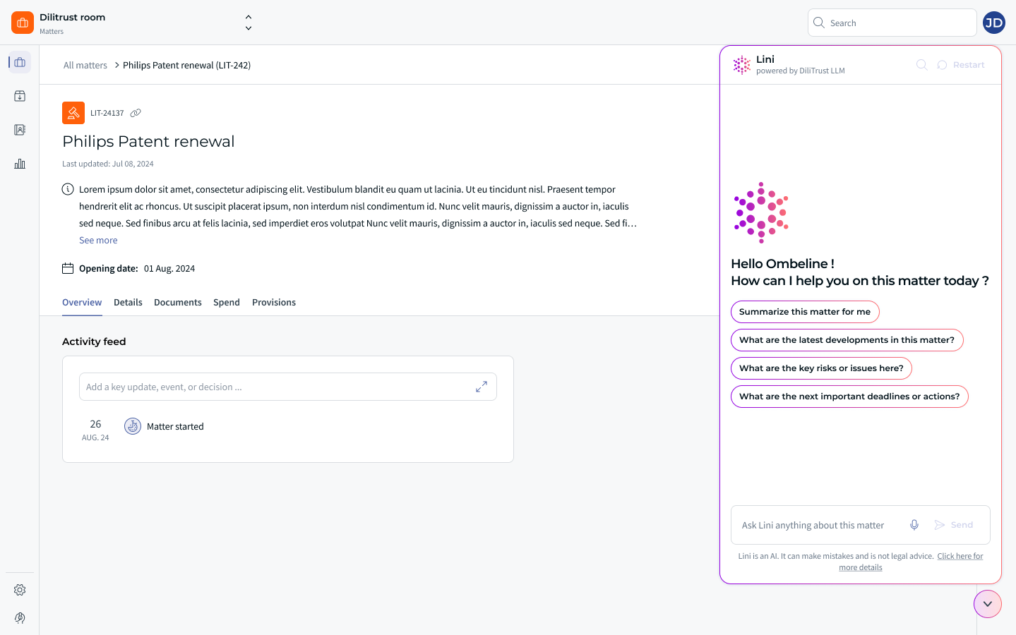 Lini assistant opened from a matter